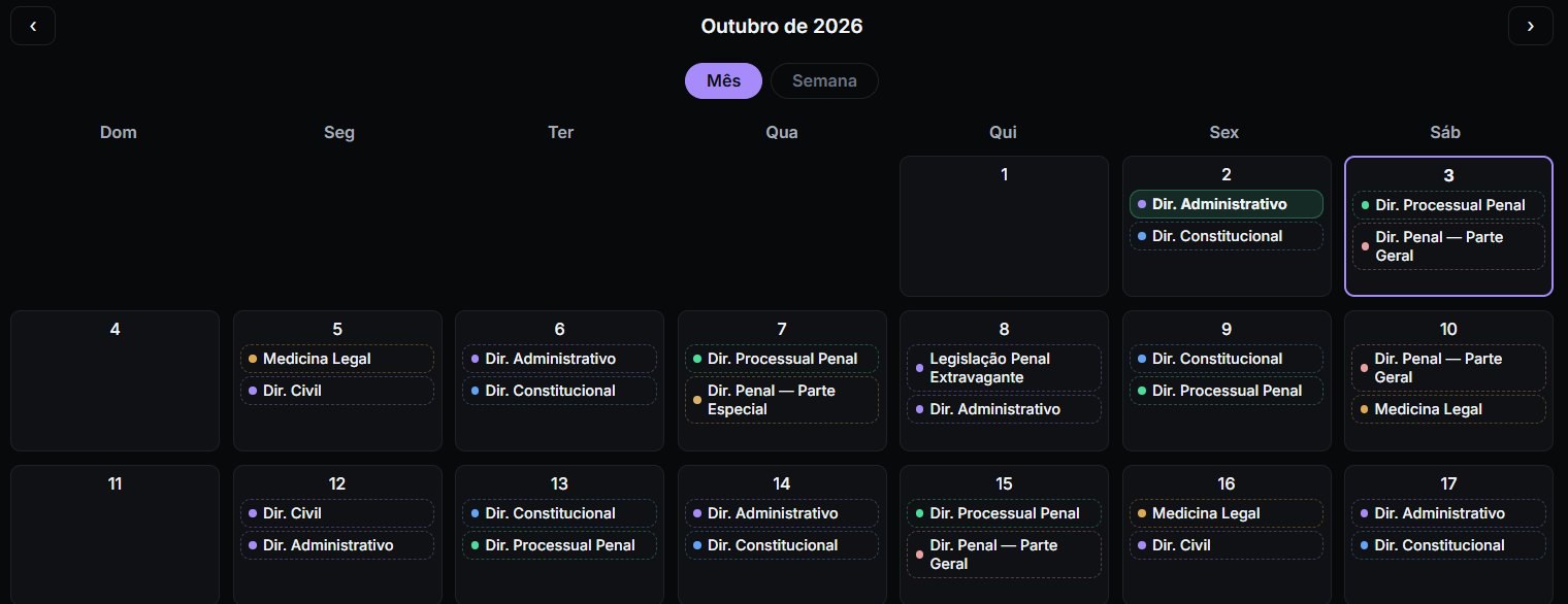 Calendário do planejamento da JusVirtus com as disciplinas distribuídas por dia